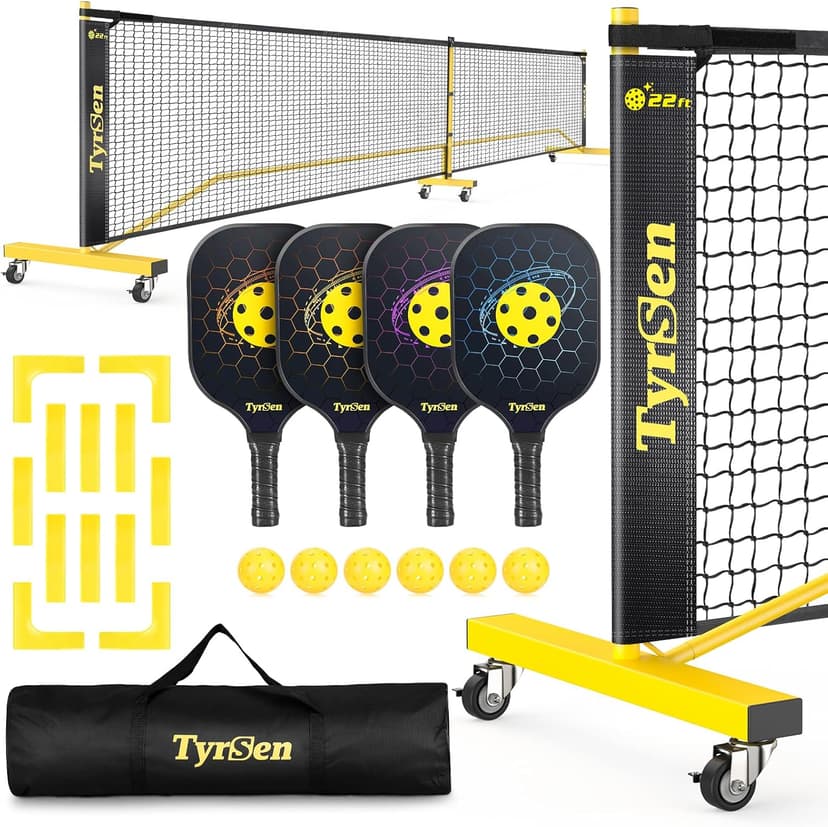 Pickleball Net Set, Pickleball Net on Wheels for Driveway Backyard, 22FT Regular Size, 4 Pickleball Paddles & 6 Balls, 12 Court Markers, 1 Carry Bag, Pickleball Set for Indoor Outdoor Play