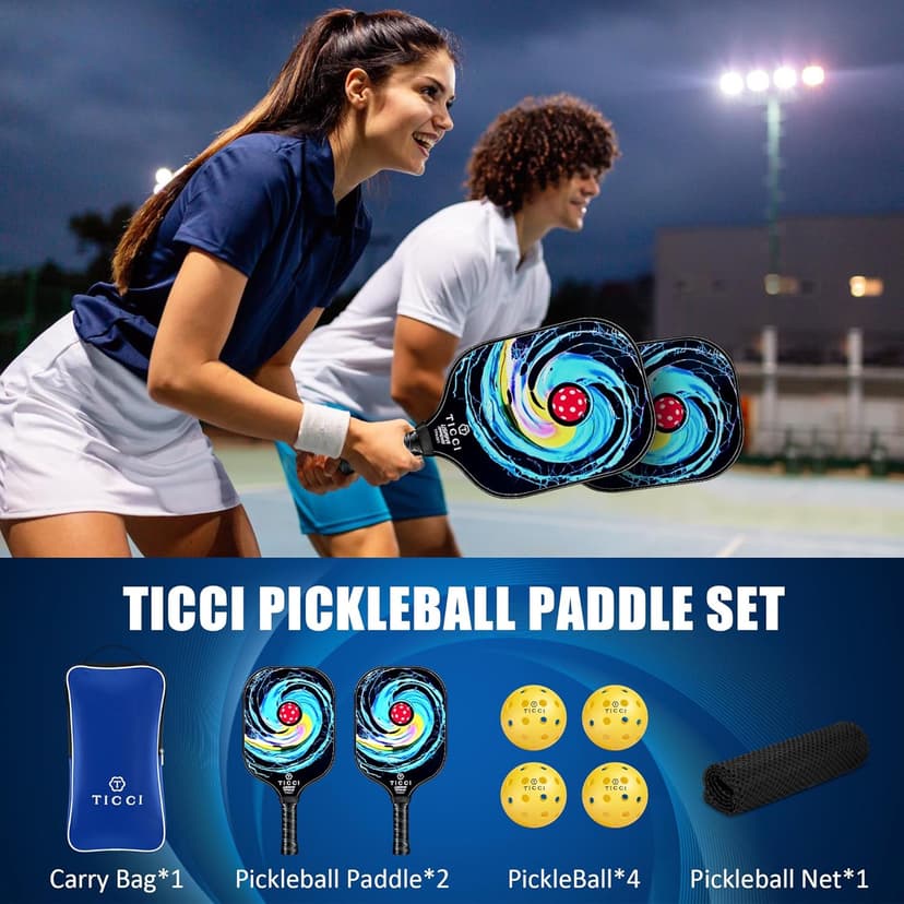 T TICCI Pickleball Paddles Set of 2, USAPA Approved Fiberglass Pickle Ball Paddles with 4 Pickleballs, Lightweight Rackets for Adults & Kids, Includes Carry Bag & Net Bag for Men, Women, Beginners,