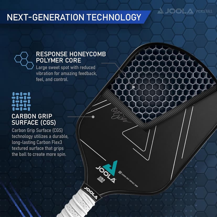 JOOLA Ben Johns Hyperion CGS Pickleball Paddle - Textured Carbon Grip Surface Technology for Spin & Control with Added Power - Polypropylene Honeycomb Core Pickleball Racket