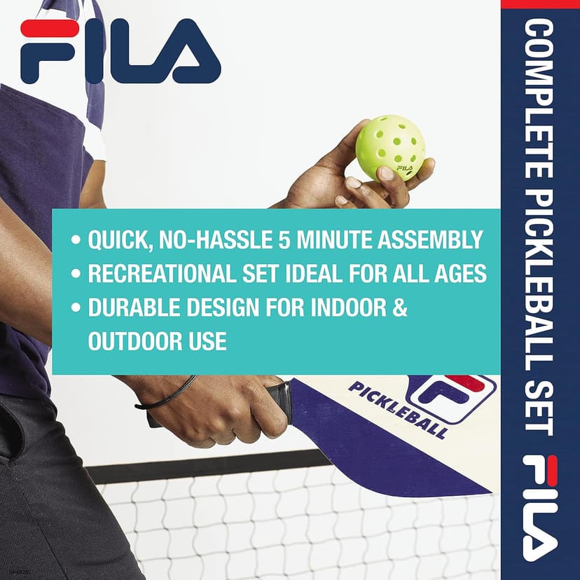 FILA Accessories Pickleball Net Set - Includes Pickleball Paddles Set of 4 with Regulation Size 4 Outdoor Balls & 10ft All Weather Mesh Net for Indoor or Outdoor Use - Lightweight, Quick & Easy Setup