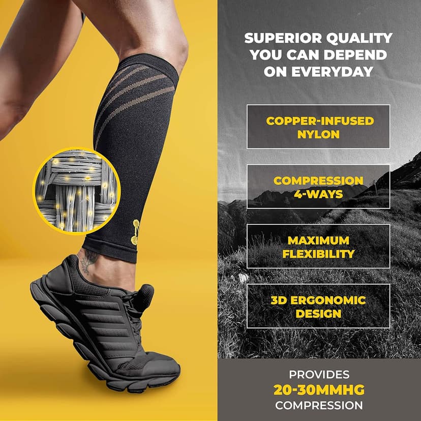 Calf Compression Sleeves for Men & Women - Leg Sleeve and Shin Splints Support - Ideal for Leg Cramp Relief, Varicose Veins, Running - 20-30mmHg Copper Infused Nylon by CopperJoint - Medium