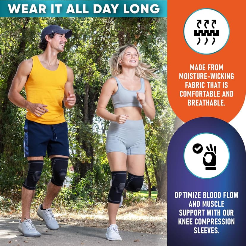 Knee Brace for Pain Relief - 2 Pack Knee Sleeves for Men and Women - Support for Weightlifting, Gym, Workout, Volleyball - Meniscus Tear, ACL, Arthritis