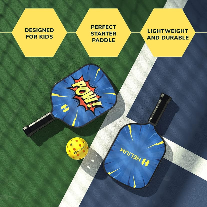 Helium Pickleball Paddle for Kids – Child Size Paddle for Children 12 and Under, Lightweight Honeycomb Core, Graphite Strike Face, Pickleball Paddle & Drawstring Bag - POW!