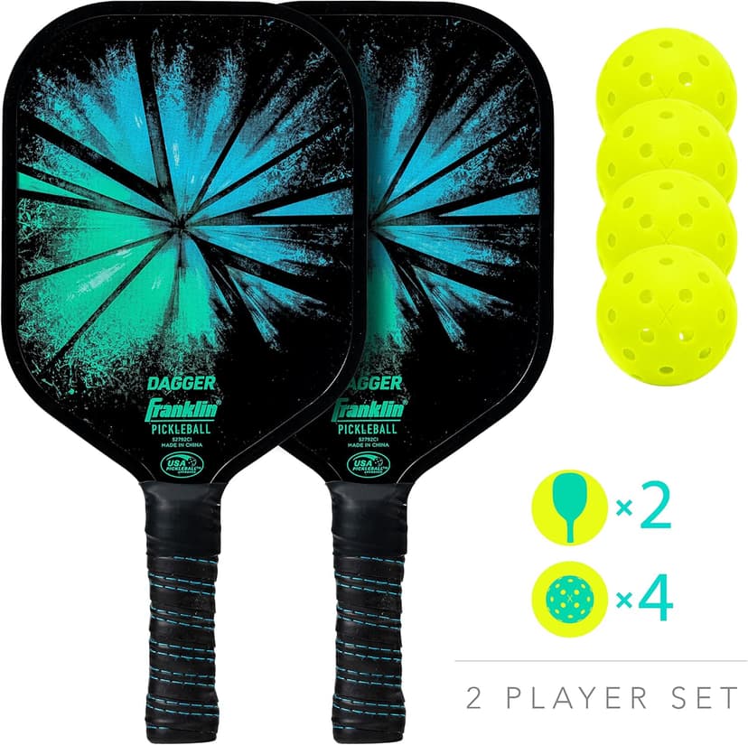 Franklin Sports Pickleball Paddle and Ball Set - (2) Dagger Fiberglass Rackets + (4) X-40 Balls - USA Pickleball (USAPA) Approved - 2 Player Set