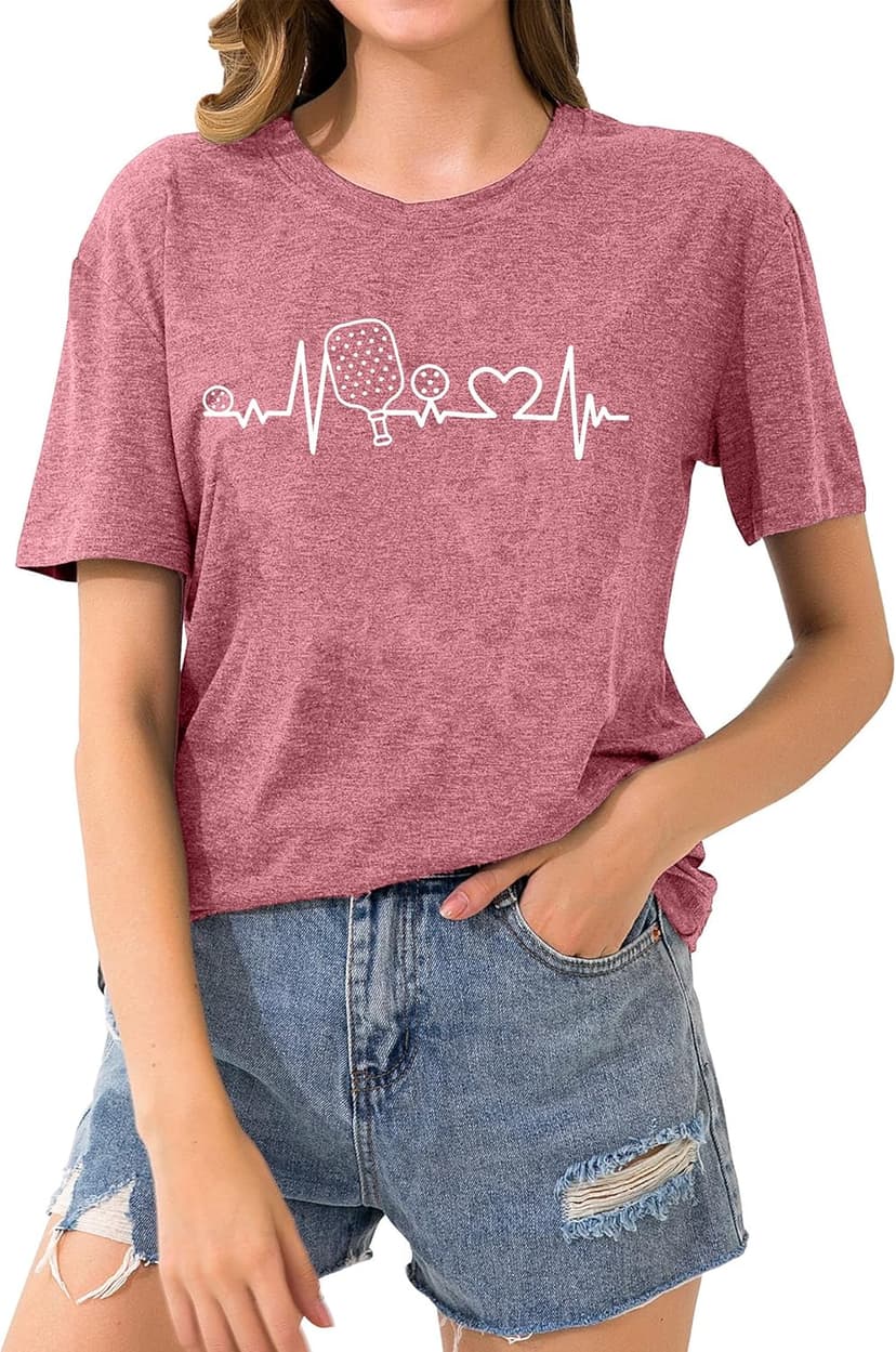 LAZYCHILD Pickleball Shirts Women Heartbeat Graphic T-Shirt for Pickleball Lover Gift Shirt
