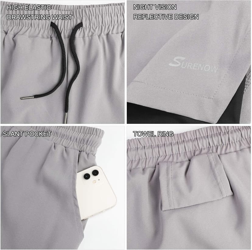 Surenow Mens 2 in 1 Running Shorts Quick Dry Athletic Shorts with Liner, Workout Shorts with Zip Pockets and Towel Loop