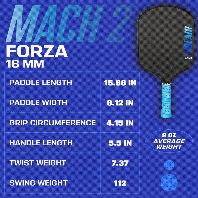 Mach 2 Forza Paddle - Toray T700 Carbon Fiber Surface - Thermoformed - Foam Injected - Spin, Power, & Control - w/Headcover, Eraser, Extra Black Grip, Extra Paddle Neck Band, & Sticker