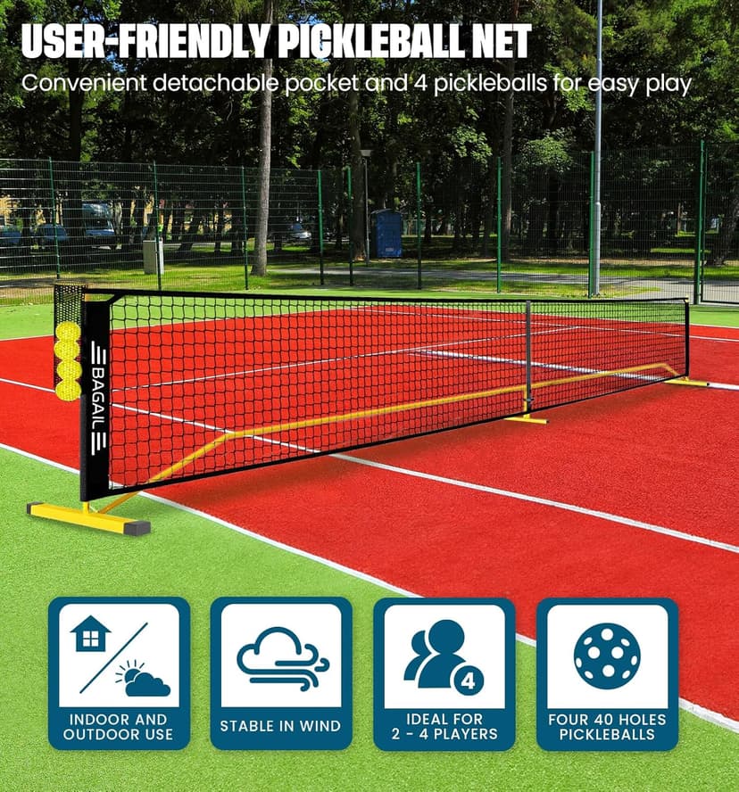 BAGAIL Portable Pickleball Net Set, 22 FT Regulation Size Pickle Ball Net with Ball Collector, Carry Bag, Easy Setup for Outdoor Indoor Driveway - Red