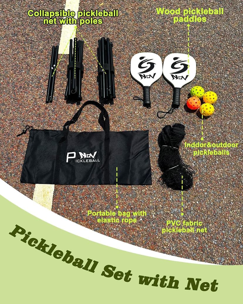 NQV Pickleball Set with Net-10FT Half Court Size Pickleball Net+Wood Pickleball Paddles+Pickle Balls+Ball Retrievers, Portable Outdoor Driveway Indoor for Adults Beginners