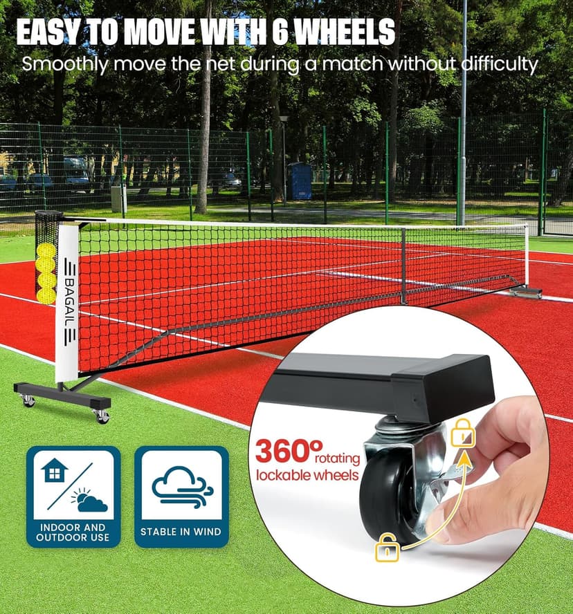 BAGAIL Portable Pickleball Net Set with Wheels, 22 FT Regulation Size & 11 FT Half Court Size 2-in-1 Pickle Ball Net with Ball Collector, Carry Bag, 4 Pickle Balls, Easy Setup for Outdoor Indoor