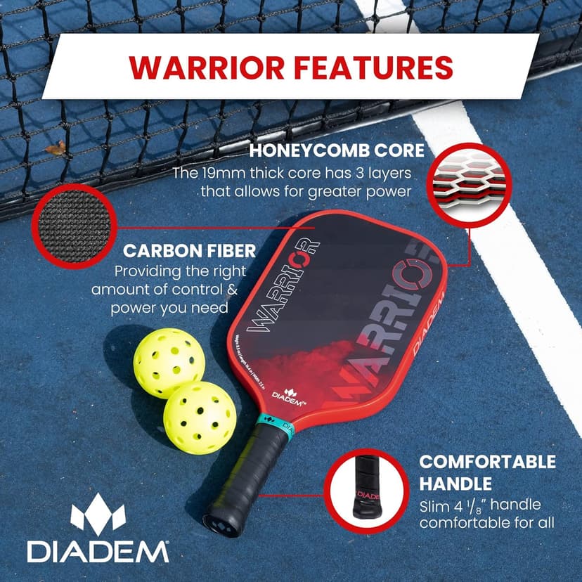 Diadem Warrior Pickleball Paddle | Carbon Fiber Face, 3X L-Core Hybrid Nomex Polymer Honeycomb Core, Grit Paint Surface for Spin, Control and Power | Indoor/Outdoor | USAPA Approved