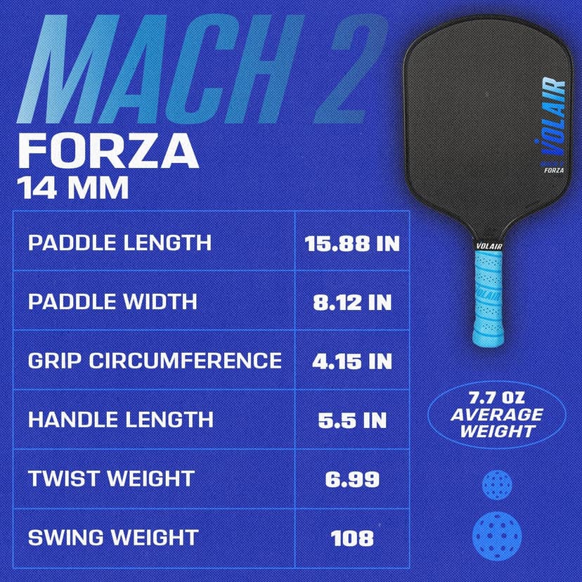 Mach 2 Forza Paddle - Toray T700 Carbon Fiber Surface - Thermoformed - Foam Injected - Spin, Power, & Control - w/Headcover, Eraser, Extra Black Grip, Extra Paddle Neck Band, & Sticker