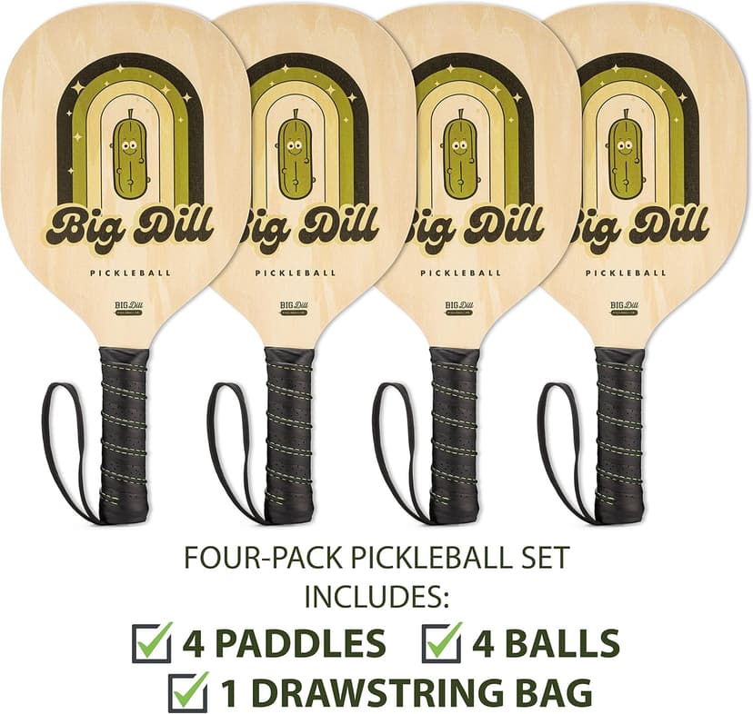 Big Dill Pickleball Superstar Pickle Ball Paddle Set of 4 Wooden Paddles — Pack of 4 Pickleball Paddles Set, 4 Pickleball Balls & Bag for Pickle Ball Rackets, Beginner Pickleball Racket Sets