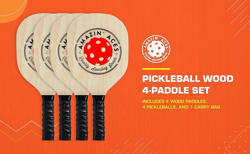 Amazin' Aces Pickleball Wood Paddles Set of 4 or 2 - Wood Pickleball Rackets for All Levels, Includes 4 Wooden Pickleball Paddles with Comfy Cushion Grip, 4 Pickleball Balls, and 1 Pickleball Bag