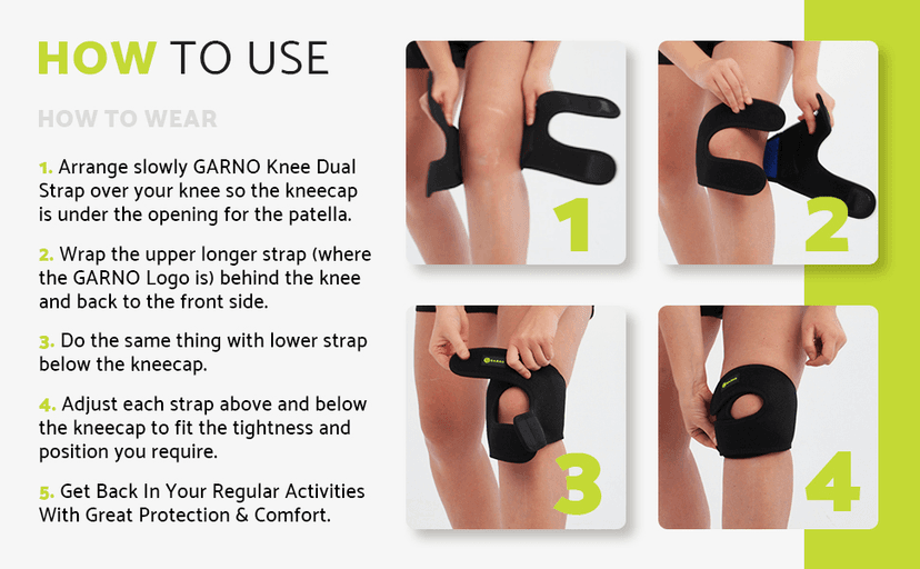 GARNO Knee Brace for Pain Relief by Meniscus Tear, MCL, Arthritis, ACL, Osgood Schlatter, Compression Patellar Tendon Support Strap for Working Out, Running, Weightlifting; Men, Women; (Large Size)