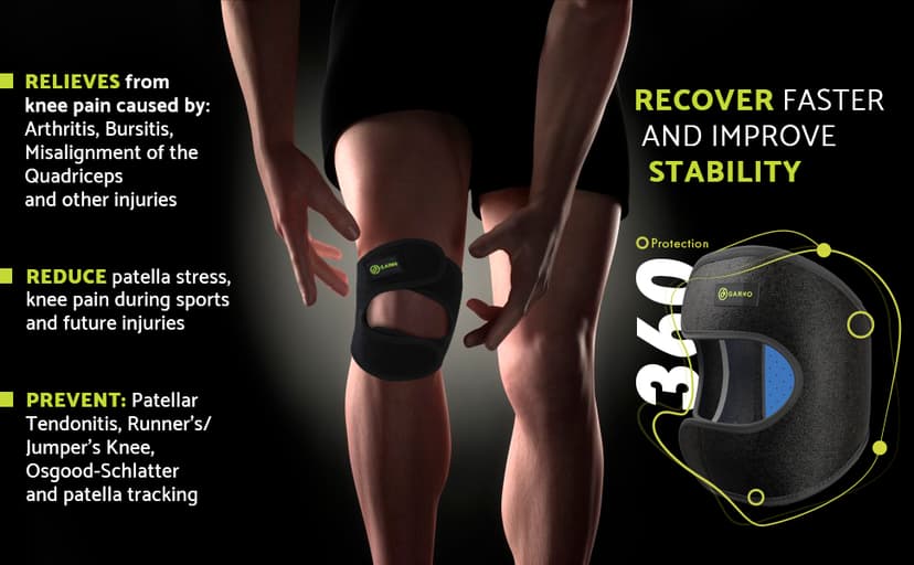 GARNO Knee Brace for Pain Relief by Meniscus Tear, MCL, Arthritis, ACL, Osgood Schlatter, Compression Patellar Tendon Support Strap for Working Out, Running, Weightlifting; Men, Women; (Large Size)
