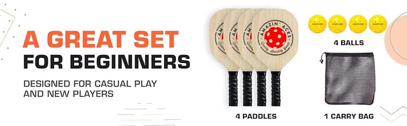 Amazin' Aces Pickleball Wood Paddles Set of 4 or 2 - Wood Pickleball Rackets for All Levels, Includes 4 Wooden Pickleball Paddles with Comfy Cushion Grip, 4 Pickleball Balls, and 1 Pickleball Bag