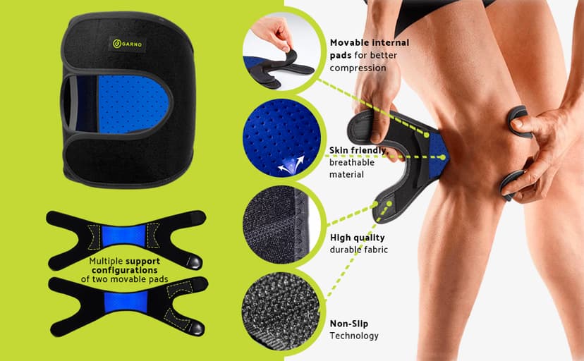 GARNO Knee Brace for Pain Relief by Meniscus Tear, MCL, Arthritis, ACL, Osgood Schlatter, Compression Patellar Tendon Support Strap for Working Out, Running, Weightlifting; Men, Women; (Large Size)
