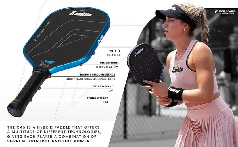 Franklin Sports C45 PRO Pickleball Paddles - Carbon Fiber Series Surface - Official USAP + UPA Approved Pickleball Paddle - 14mm + 16mm Polymer Cores