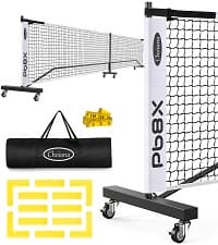 Pickleball Net Set, Portable Pickleball Set w/Wheels, 11ft & 22ft Regulation Size Pickel Ball Net, Set of 4 Balls and Paddles, Heavy Duty Frame for Backyard Driveway Outdoor