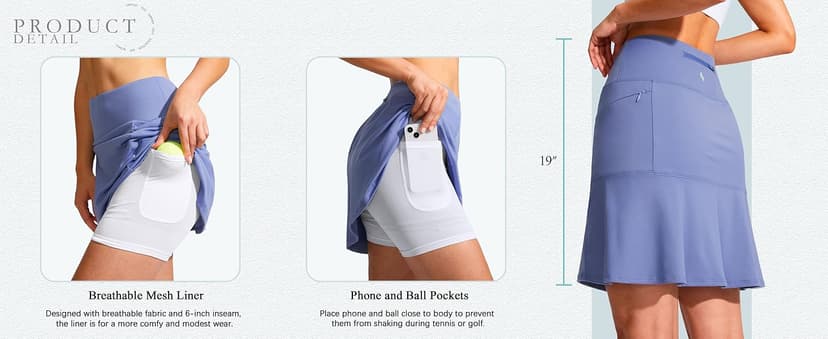 SANTINY 19" Golf Skorts Skirts for Women Zipper Pockets Knee Length Skort Women's High Waist Athletic Tennis Skirt