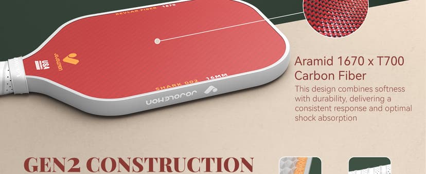 Pickleball Paddles, Carbon Fiber Pickleball Paddle with a 16mm Shark Power Polymer Core, The Pickleball Rackets Designed for Ultimate Spin & Consistency