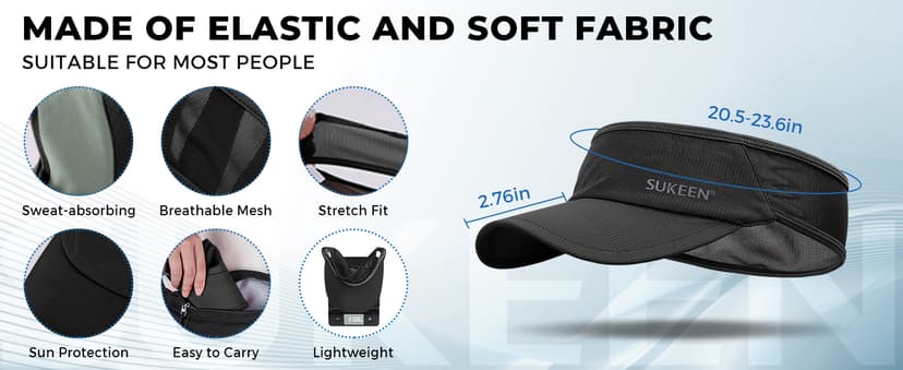 Sukeen Sports Sun Visor Men Women Lightweight Packable Cooling Stretchy Visor Hat for Running, Tennis, Golf