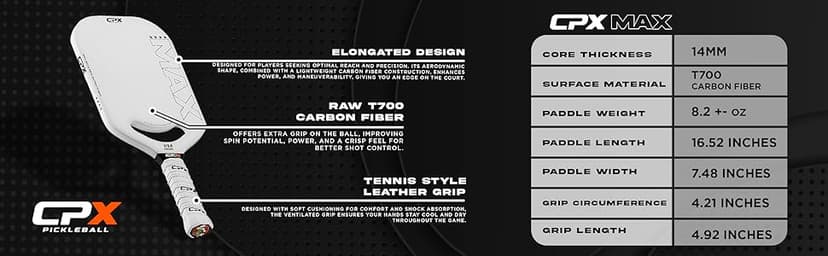 CPX MAX Black Raw Carbon Fiber T700 Pickleball Elongated Paddle Racket - Professional Grade, 14mm Core Thickness, Comfortable Tennis Style Grip - Durable Designed in Chicago, USA