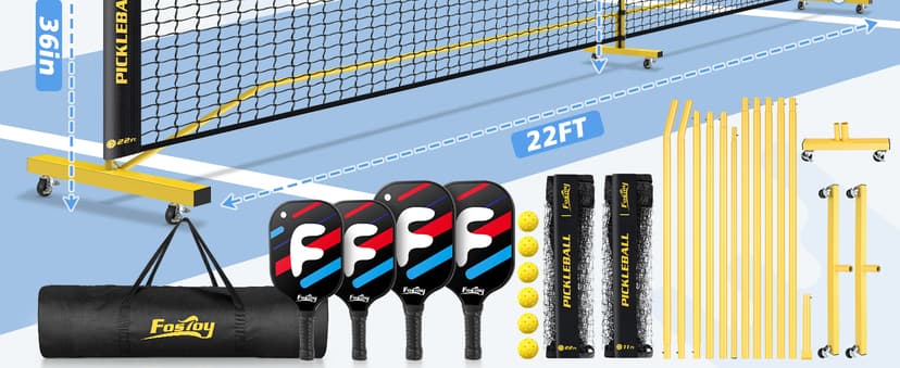 Fostoy Portable Pickleball Net with Wheels, Pickleball Set with 4 Fiberglass Paddles & 6 Pickleballs, Carry Bag, for Backyards Driveways and Garages