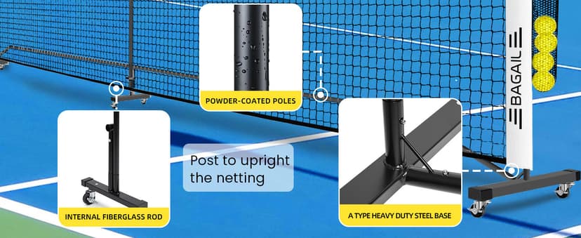 BAGAIL Portable Pickleball Net Set with Wheels, 22 FT Regulation Size & 11 FT Half Court Size 2-in-1 Pickle Ball Net with Ball Collector, Carry Bag, 4 Pickle Balls, Easy Setup for Outdoor Indoor