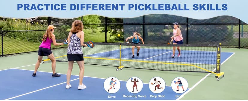 Pickleball Net Set, Portable Pickleball Set w/Wheels, 11ft & 22ft Regulation Size Pickel Ball Net, Set of 4 Balls and Paddles, Heavy Duty Frame for Backyard Driveway Outdoor