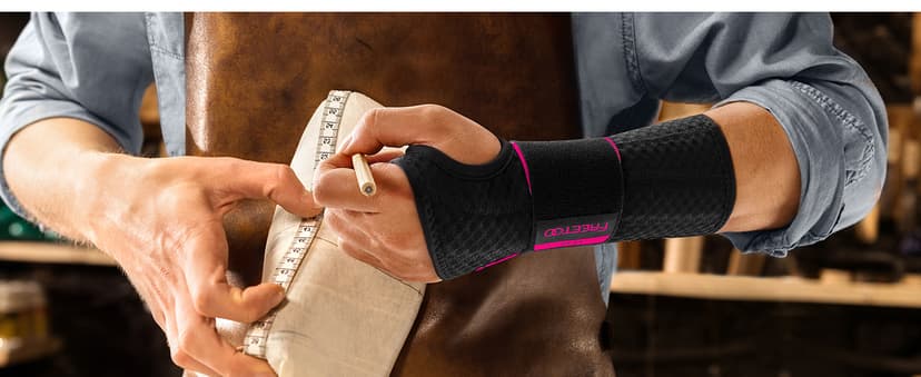 FREETOO Carpal Tunnel Wrist Brace Night Support Fit Right Hand for Work, Pain Relief Wrist Splint for Tendonitis, Sprain, Strain, Rigid Hand Brace for Arthritis for Women and Men (S/M, Black/Pink)