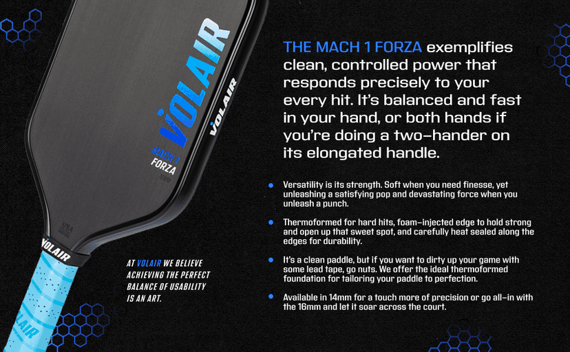 Volair Pickleball - Mach 1 Forza Paddle - for Spin, Control and Power - Toray T700 Carbon Fiber Surface - Thermoformed - Foam Injected w/Headcover, Eraser, Extra Black Grip