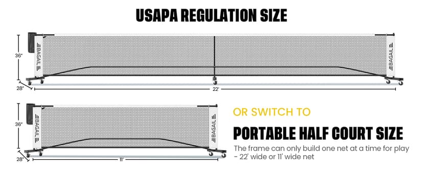 BAGAIL Portable Pickleball Net Set with Wheels, 22 FT Regulation Size & 11 FT Half Court Size 2-in-1 Pickle Ball Net with Ball Collector, Carry Bag, 4 Pickle Balls, Easy Setup for Outdoor Indoor