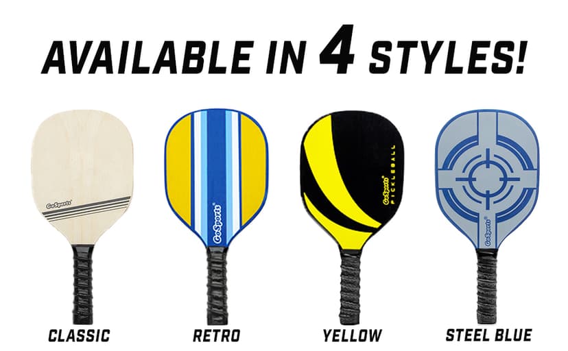GoSports Pickleball Sets - Classic, Retro, Steel Blue, or Yellow - Includes 4 Paddles, 4 Regulation Pickleballs and Carry Case
