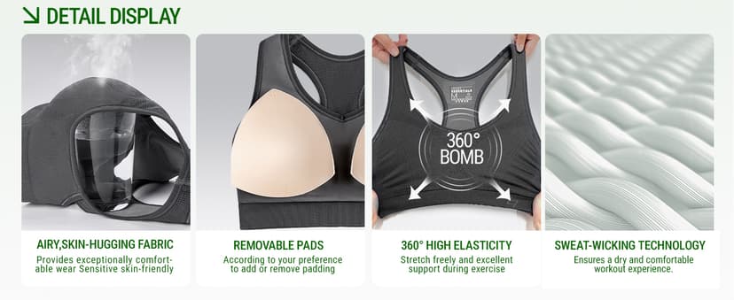 FITTIN Racerback Sports Bras for Women - Padded Seamless Support Bra for Yoga Gym Workout Fitness