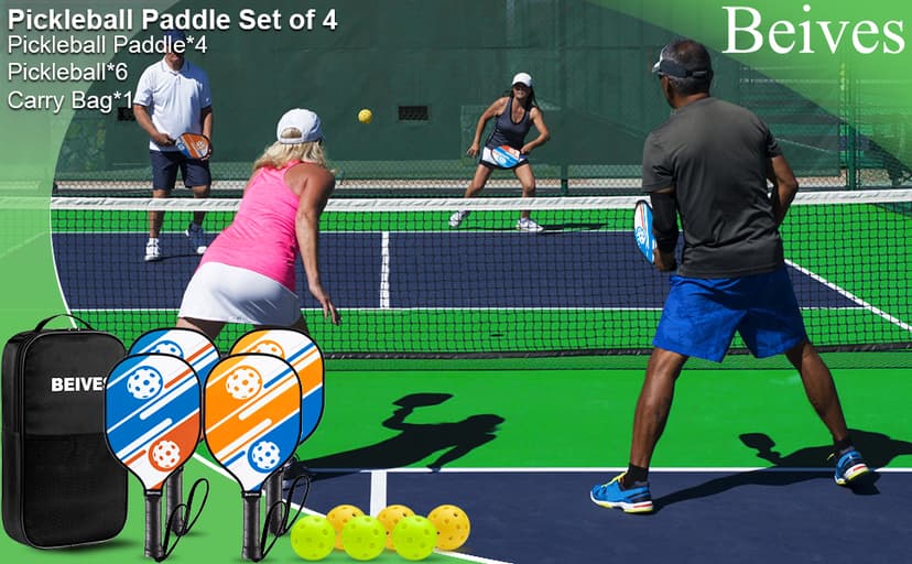 Pickleball Paddles Pickleball Set 7-ply Basswood Wooden Pickleball Rackets Set of 4 with 6 Balls and 1 Carry Bag, Pickleball Equipment for Beginner to Intermediate with Extra Edge Guard