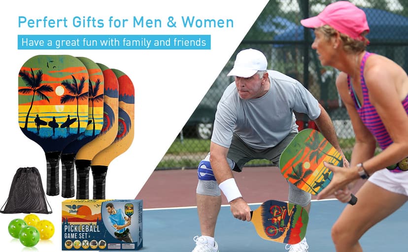 Pickleball Paddles Set of 4 with 4 Premium 9-Ply Basswood Paddles & 4 Pickleballs & 2 Handle Grips Tape & 2 Pickleball Belts & Carry Bag for Beginners Men Women Adults(New Version)