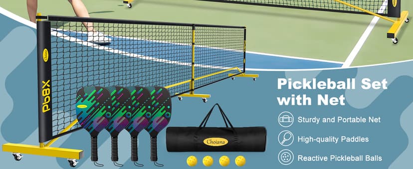 Pickleball Net Set, Portable Pickleball Set w/Wheels, 11ft & 22ft Regulation Size Pickel Ball Net, Set of 4 Balls and Paddles, Heavy Duty Frame for Backyard Driveway Outdoor