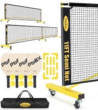 Pickleball Net Set, Portable Pickleball Set w/Wheels, 11ft & 22ft Regulation Size Pickel Ball Net, Set of 4 Balls and Paddles, Heavy Duty Frame for Backyard Driveway Outdoor