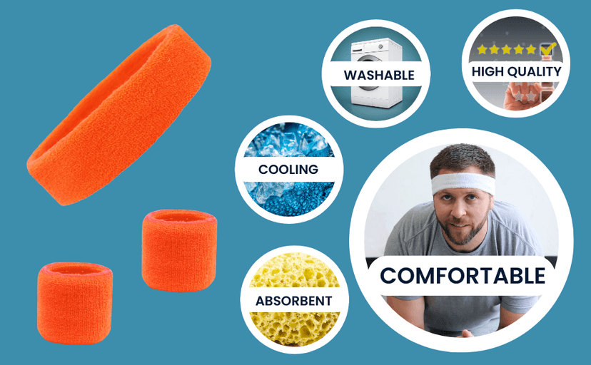 Kenz Laurenz Sweatband Set Cotton Sports Headband Terry Cloth Wristband Moisture Wicking Sweat Absorbing Head Band Athletic Exercise Basketball Wrist Sweatbands and Headbands