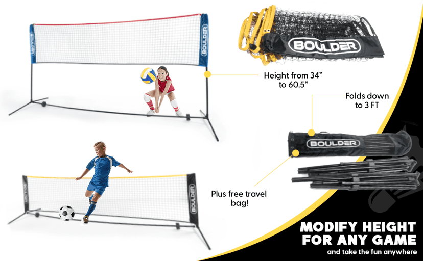 Boulder Portable Badminton Pickleball Net - Foldable/Extendable Poles for Multiple Sports Heights (UP to 5 ft) - Ideal for Tennis, Pickleball, Soccer Tennis - Easy Setup