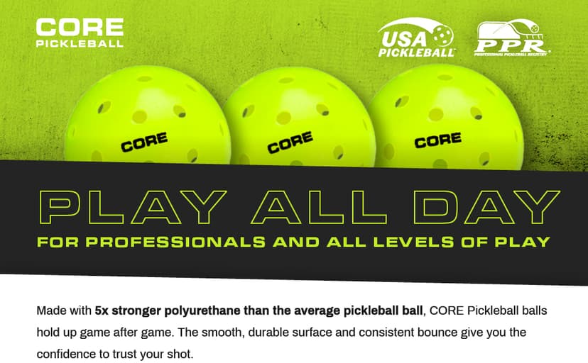CORE Pickleball Balls for Professionals and All Levels of Play - Set of 4-50 Balls with 40 Holes - Durable & Seamless Design - Premium Outdoor Pickleball Balls, Polypropylene - USA Pickleball Approved