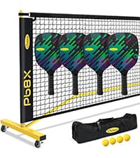 Pickleball Net Set, Portable Pickleball Set w/Wheels, 11ft & 22ft Regulation Size Pickel Ball Net, Set of 4 Balls and Paddles, Heavy Duty Frame for Backyard Driveway Outdoor