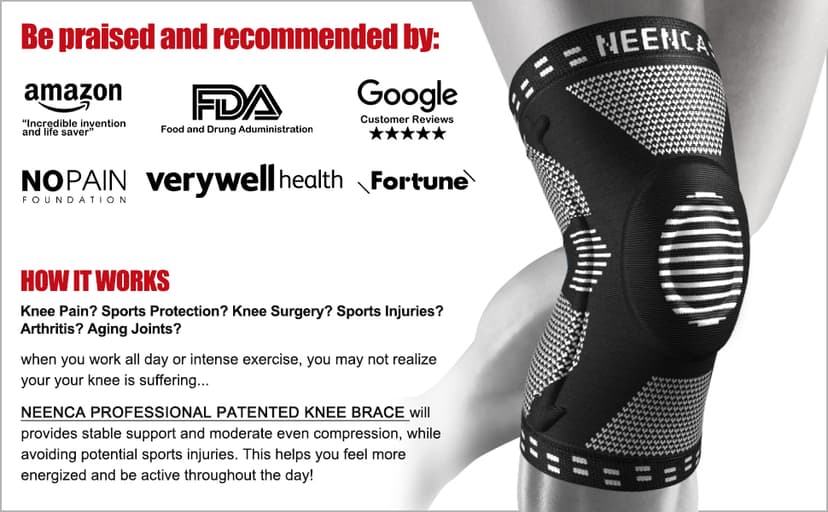 NEENCA Knee Braces for Knee Pain Relief, Compression Knee Sleeves with Patella Gel Pad & Side Stabilizers, Knee Support for Weightlifting, Running, Workout, Arthritis, Meniscus Tear, Men Women. ACE-53