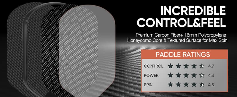 Pickleball Paddle - 3K Raw Carbon Fiber Surface (CFS) + Carbon Abrasion Surface (CAS) with High Grit & Spin, Sure-Grip Elongated Handle, Pickle Ball Paddle with 16mm Polypropylene Honeycomb Core