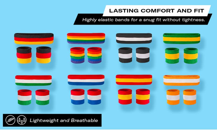 Suddora Striped Sweatband Set, Moisture Wicking 2 Wristbands and 1 Headband, Breathable Athletic Sweat Bands for Sports, Costumes & Cosplay, Matching Bands to Wear with Jersey