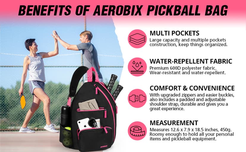 AEROBIX Pickleball Bag for Women & Men, Pickle Ball Backpack - Upgraded Zippers, Large Capacity, Padded Paddle Pocket, Adjustable Sling Bag (No Accessories)
