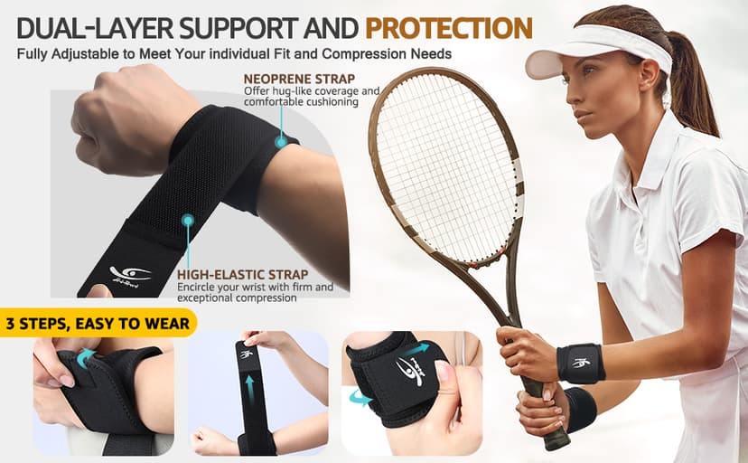 HiRui 2 PACK Wrist Compression Strap and Wrist Brace Sport Wrist Support for Fitness, Weightlifting, Tendonitis, Carpal Tunnel Arthritis, Pain Relief-Wear Anywhere-Unisex,Adjustable