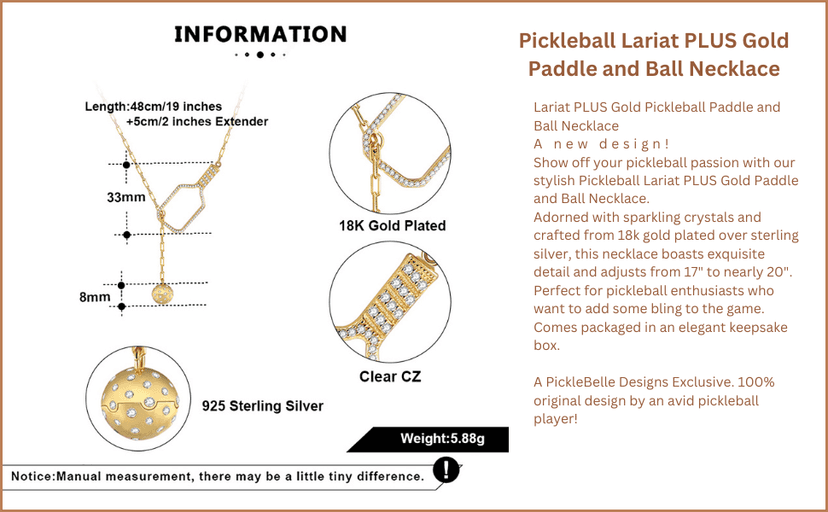 Pickleball Lariat Plus Paddle Necklace - 18k Gold Plate Pickleball Necklace for Women, Pickleball Jewelry, Christmas Gift for Pickleball Lovers